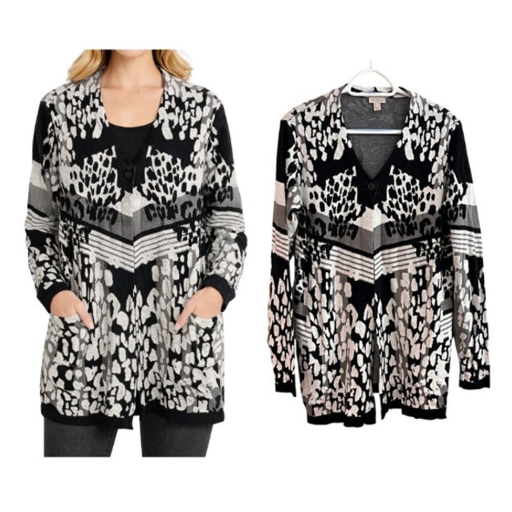 LOGO by Lori Goldstein Black & Gray‎ Abstract Print Cardigan Sweater - Sz Medium